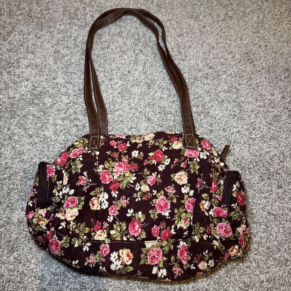 VTG Joe Boxer Shoulder Bag Brown Corduroy Floral Purse Maroon Faux Leather Y2K - Picture 2 of 8